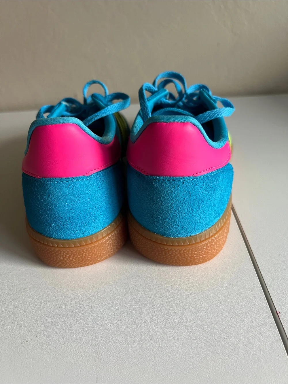 adidas Bright Turquoise Sneakers with Neon Yellow Stripes and Pink Accents